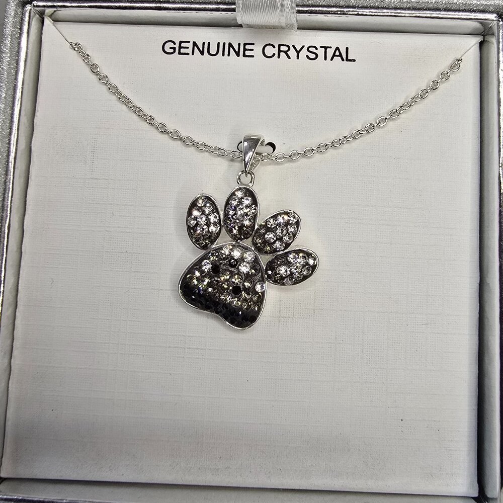 Silver Brass Crystal Pendant - Paw Print - Black, Gray, Silver Crystals